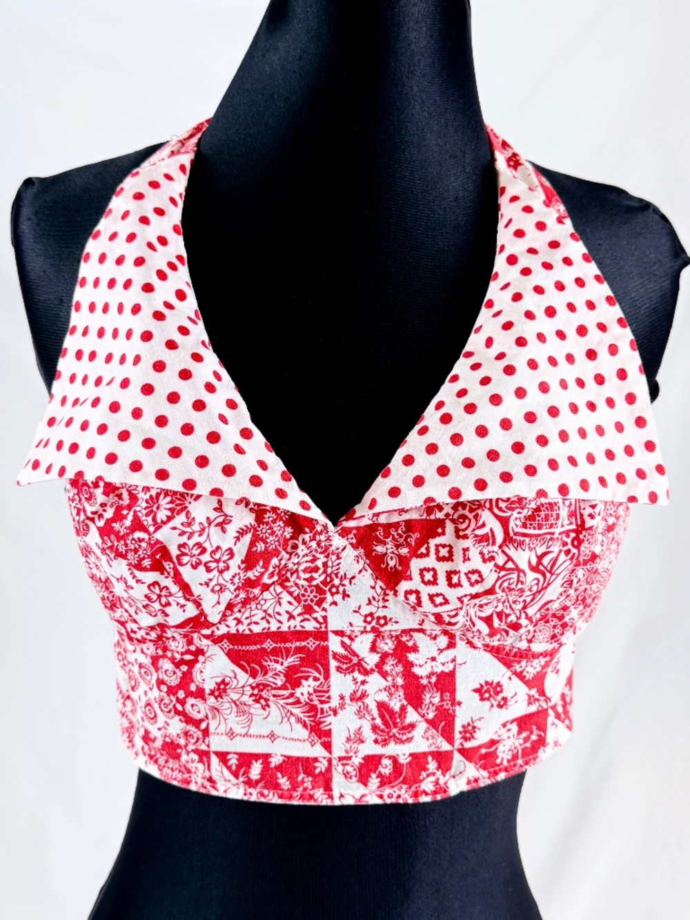 1970s Halter M Red White Polka Dot Patchwork Print Summer Pinup Bikini Crop Top